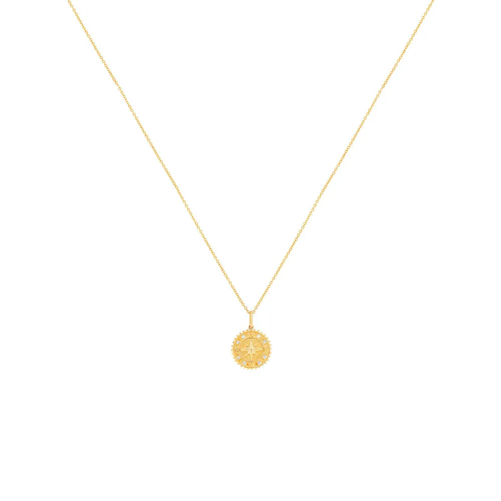 14 Karat Yellow Gold Compass Medallion Pendant Necklace with Diamonds