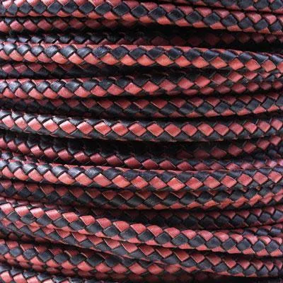 5mm Braided Black & Red Round Leather Cord by the Foot