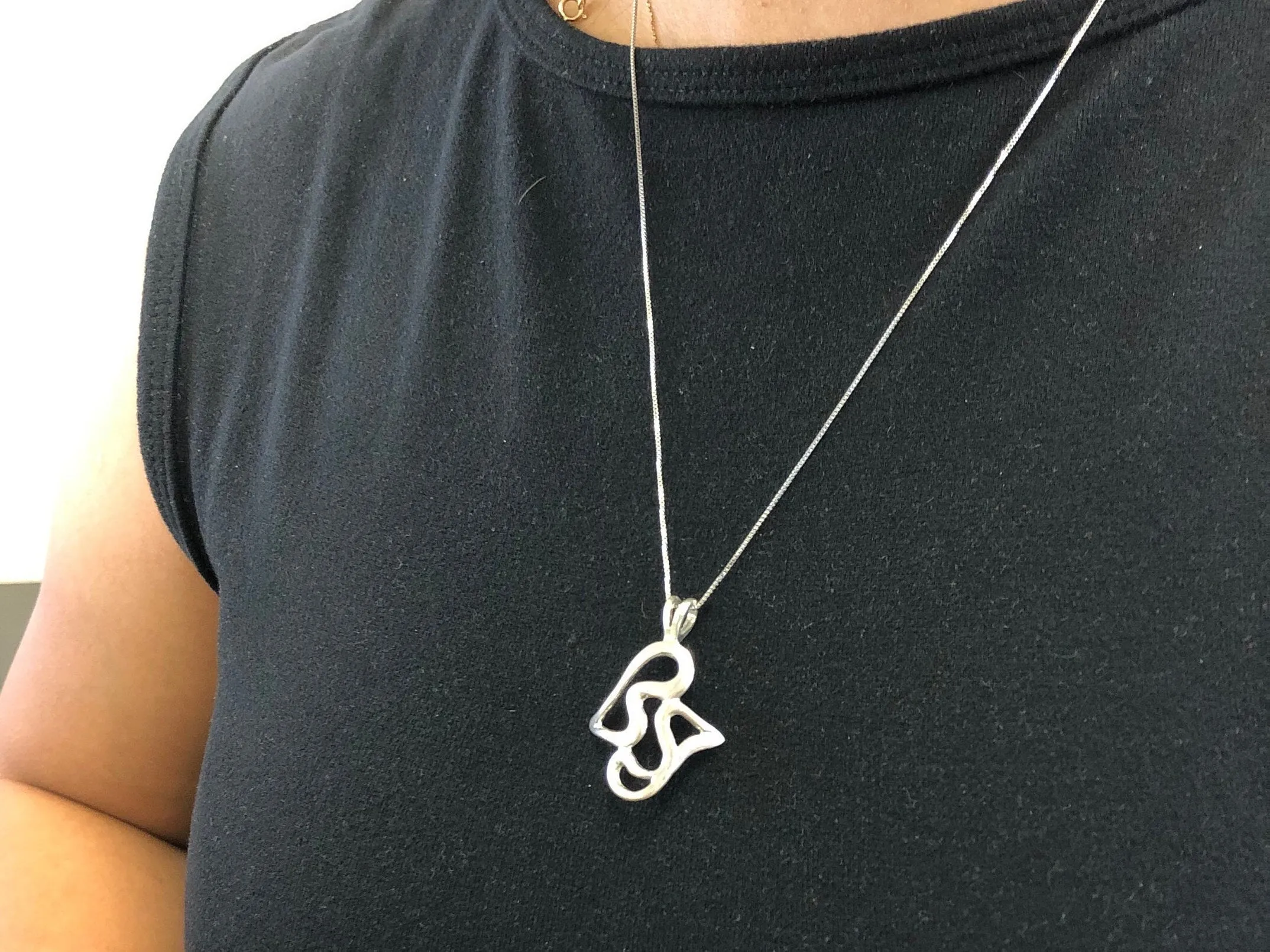 Abstract Heart Necklace - Long Silver Pendant - Artistic Love Pendant