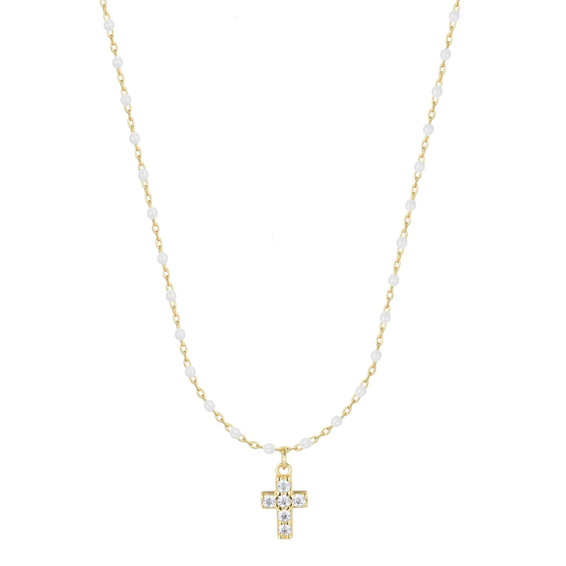 AMARI MINI CROSS WHITE BEADED GOLD NECKLACE