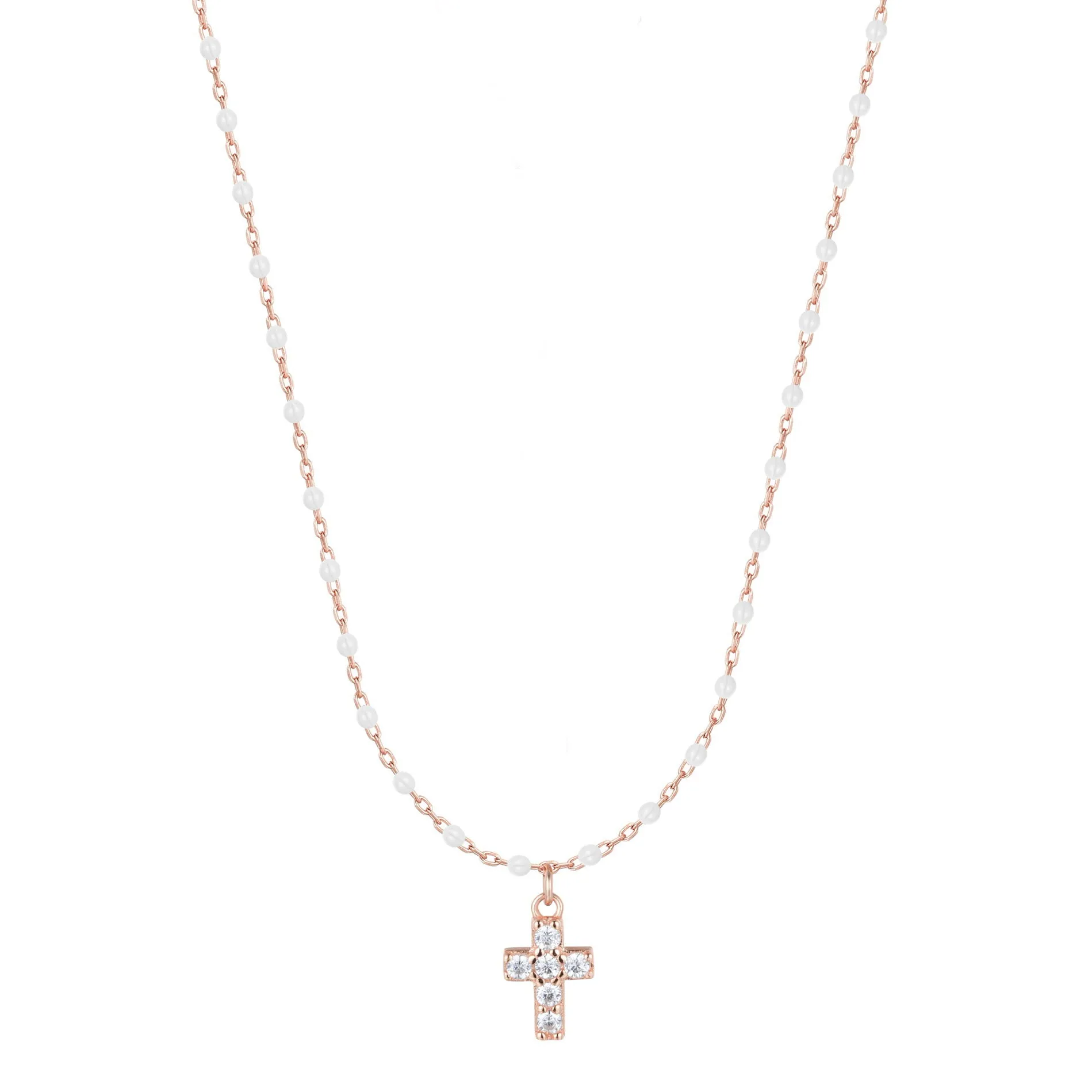 AMARI MINI CROSS WHITE BEADED ROSE GOLD NECKLACE