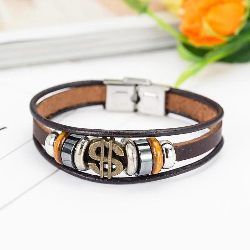 Antique Bronze Dollar Sign Leather Bracelet