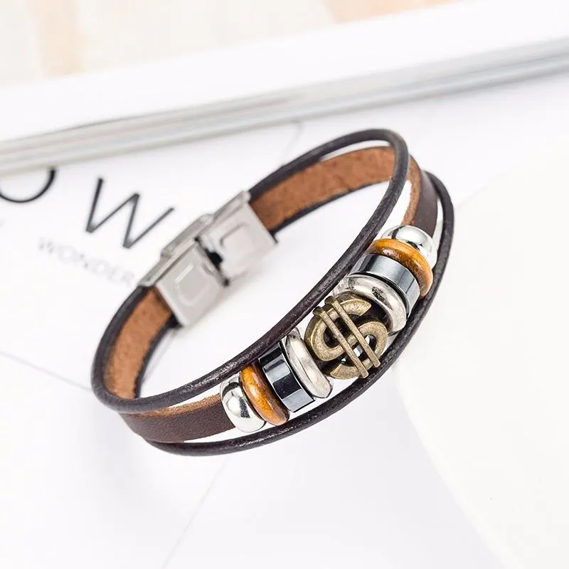 Antique Bronze Dollar Sign Leather Bracelet