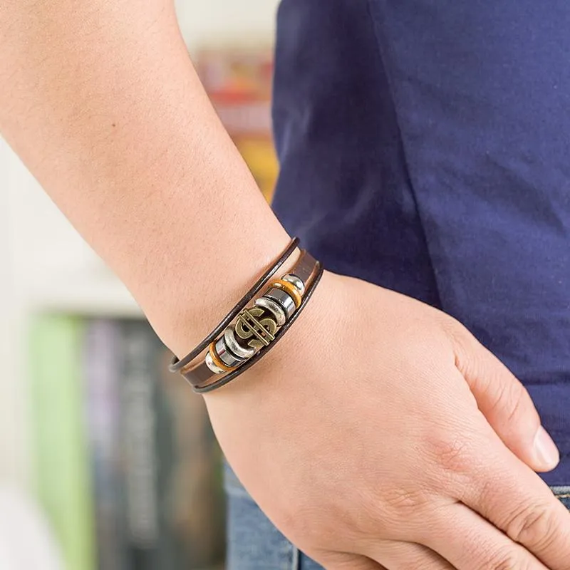 Antique Bronze Dollar Sign Leather Bracelet