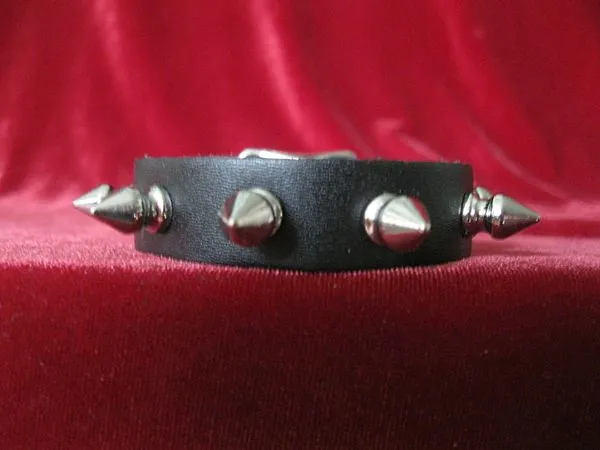 Black Leather Bracelet w/ 1 Row of Silver Spikes