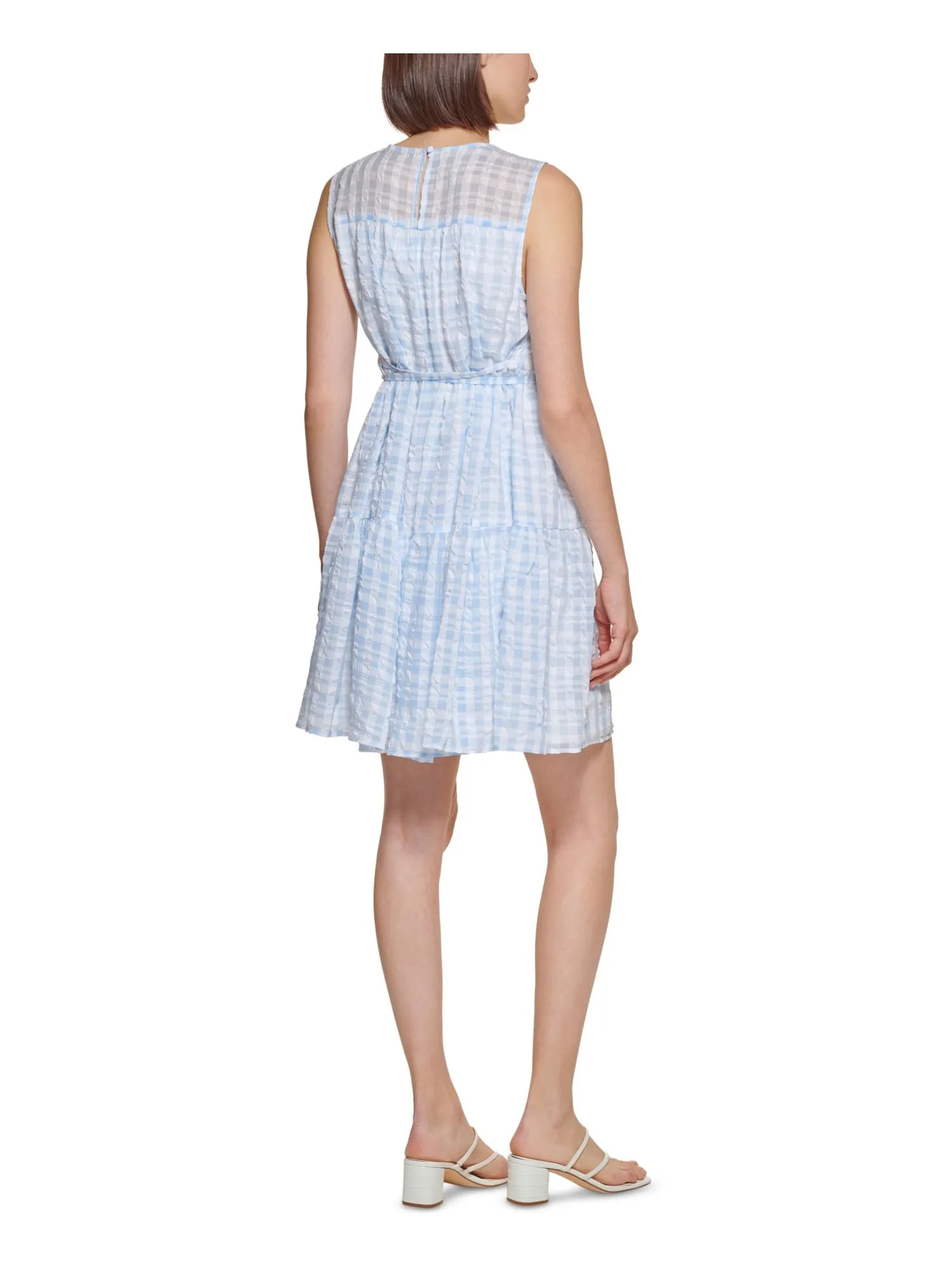 CALVIN KLEIN Womens Light Blue Lined Tie Plaid Sleeveless Crew Neck Above The Knee Shift Dress