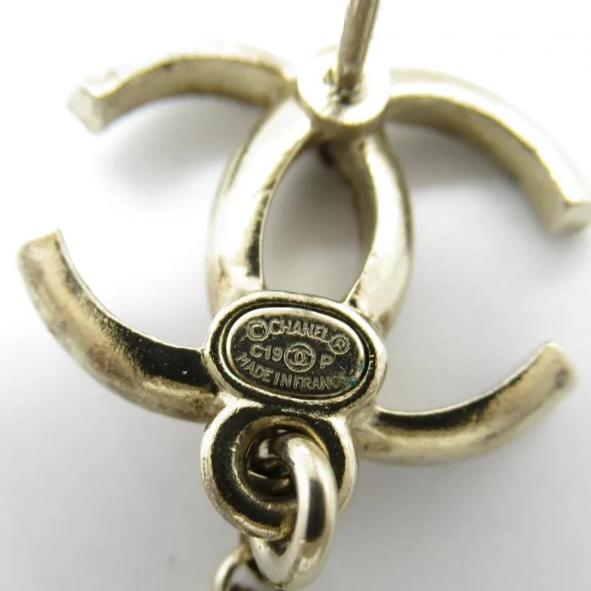Chanel Coco Mark Gold Plated Costume Pearl Earrings White Champagne Gold