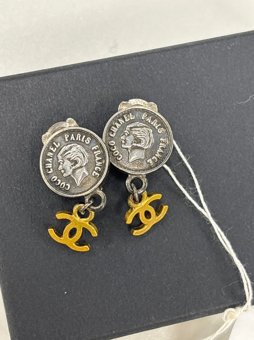 Chanel Coco Paris France Medallion Gold Silver Drop Earrings