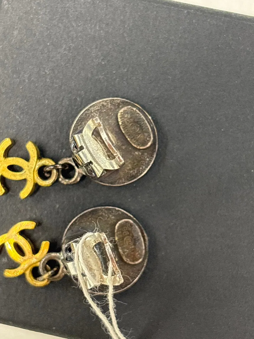 Chanel Coco Paris France Medallion Gold Silver Drop Earrings