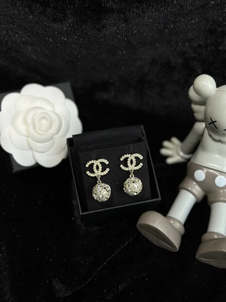 Chanel Gold Crystal CC Logo Drop Earrings