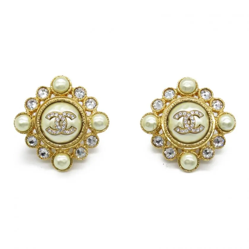 Chanel Gold Plated White Fake Pearl Earrings Gold