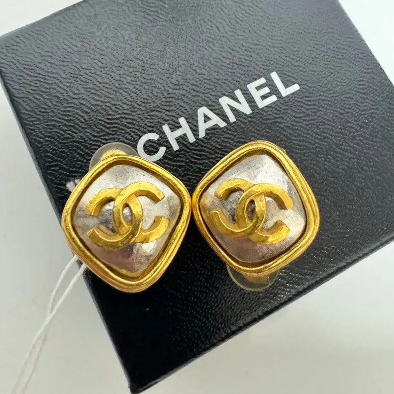 Chanel Gold Silver CC Logo Square Stud Earrings