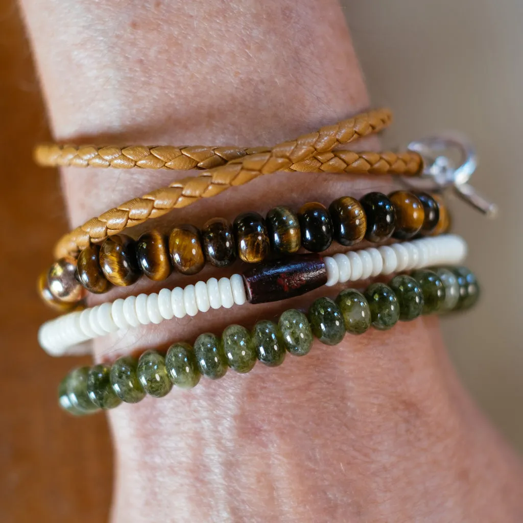 Cognac Braided Leather Bracelet with Sterling Silver T-Ring