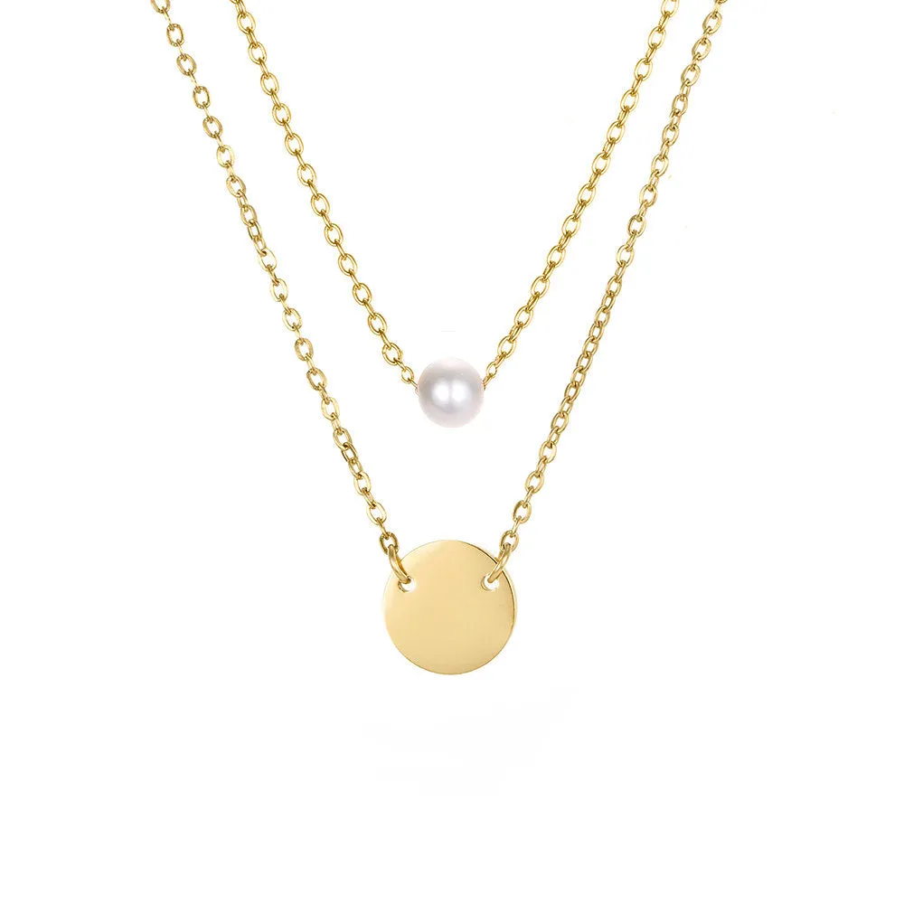CUTE DISC AND PEARL LAYERED NECKLACE SET