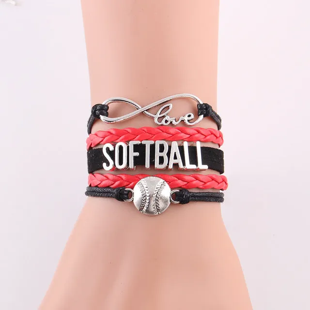 Infinity Love Softball Bracelet, Softball Charm, Leather Wrap, 16 Variations