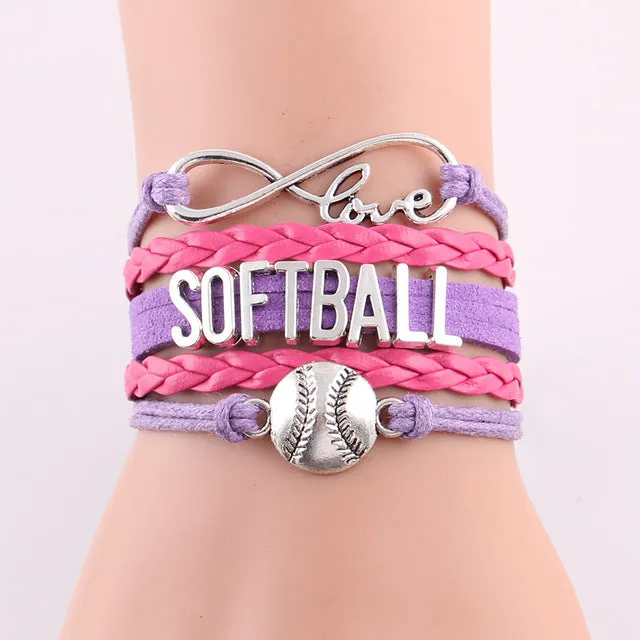 Infinity Love Softball Bracelet, Softball Charm, Leather Wrap, 16 Variations