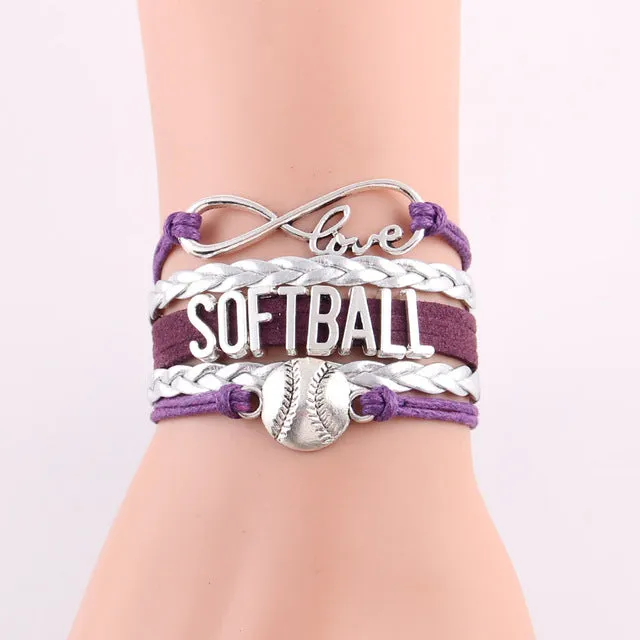 Infinity Love Softball Bracelet, Softball Charm, Leather Wrap, 16 Variations