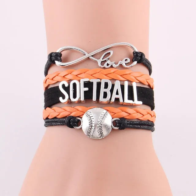 Infinity Love Softball Bracelet, Softball Charm, Leather Wrap, 16 Variations