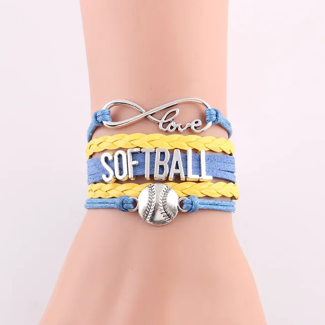 Infinity Love Softball Bracelet, Softball Charm, Leather Wrap, 16 Variations