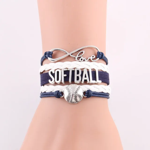 Infinity Love Softball Bracelet, Softball Charm, Leather Wrap, 16 Variations