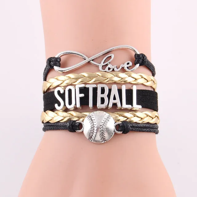 Infinity Love Softball Bracelet, Softball Charm, Leather Wrap, 16 Variations