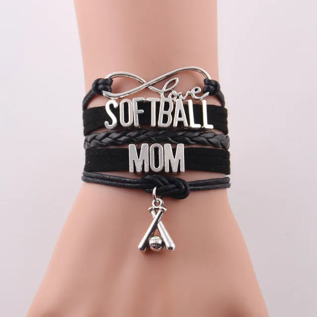 Infinity Love SOFTBALL MOM Bracelet, Charm Leather Wrap, Bangles, 4 Variations
