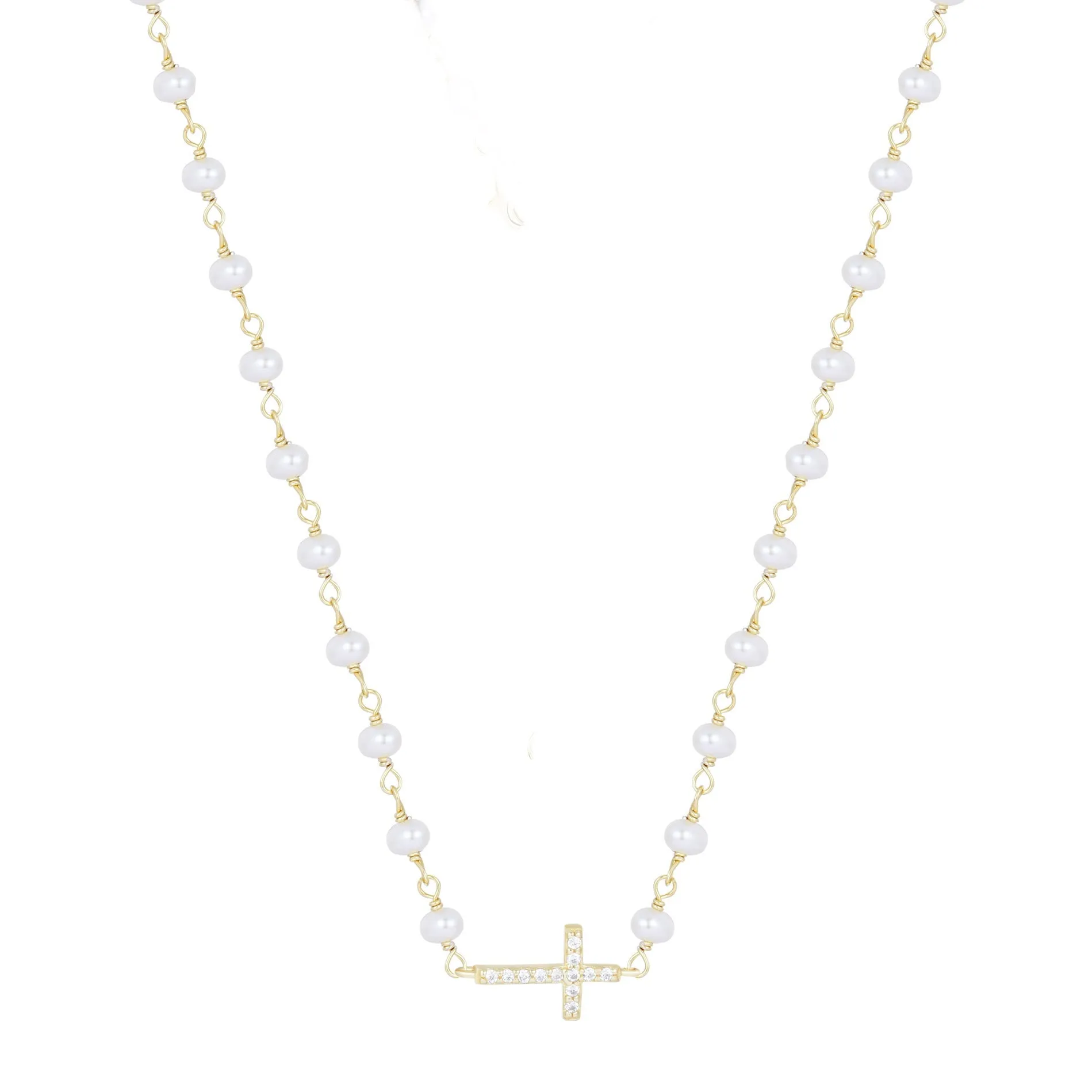 KATERINA CROSS FRESHWATER PEARL BEADED GOLD NECKLACE