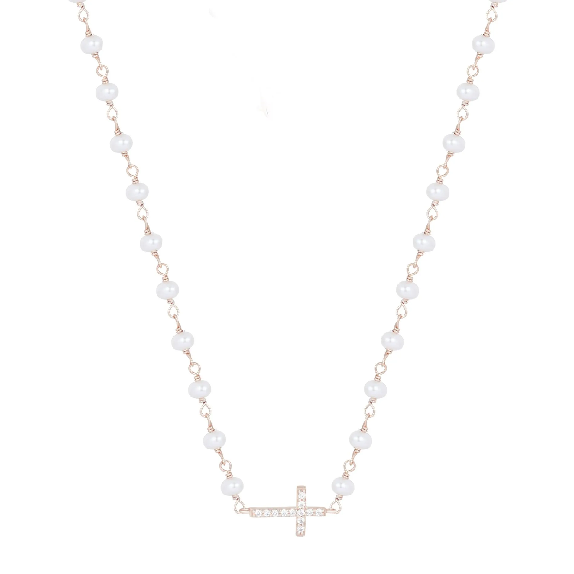 KATERINA CROSS FRESHWATER PEARL BEADED ROSE GOLD NECKLACE