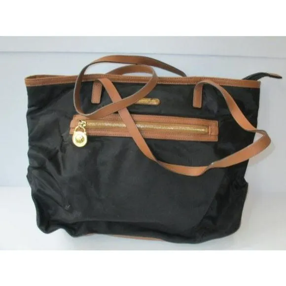Michael Kors Black Canvas Brown Trim Goldtone Logo Tote