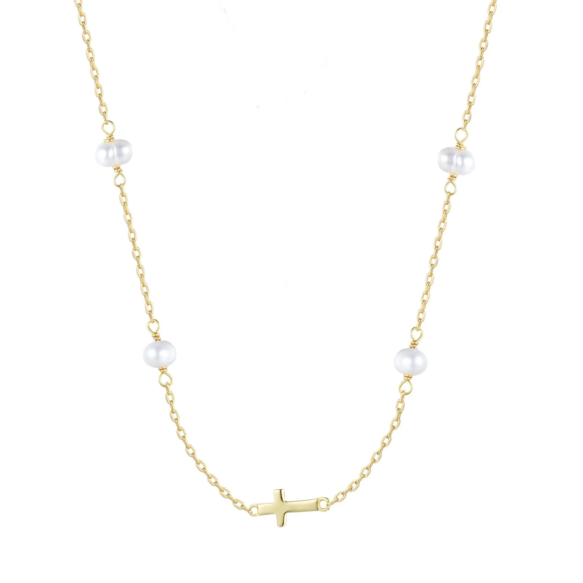 MIKALA CROSS FRESHWATER PEARL BEADED GOLD NECKLACE