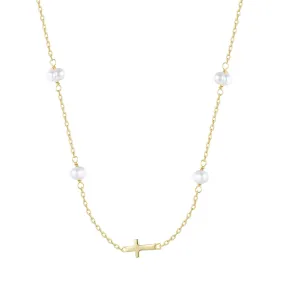 MIKALA CROSS FRESHWATER PEARL BEADED GOLD NECKLACE