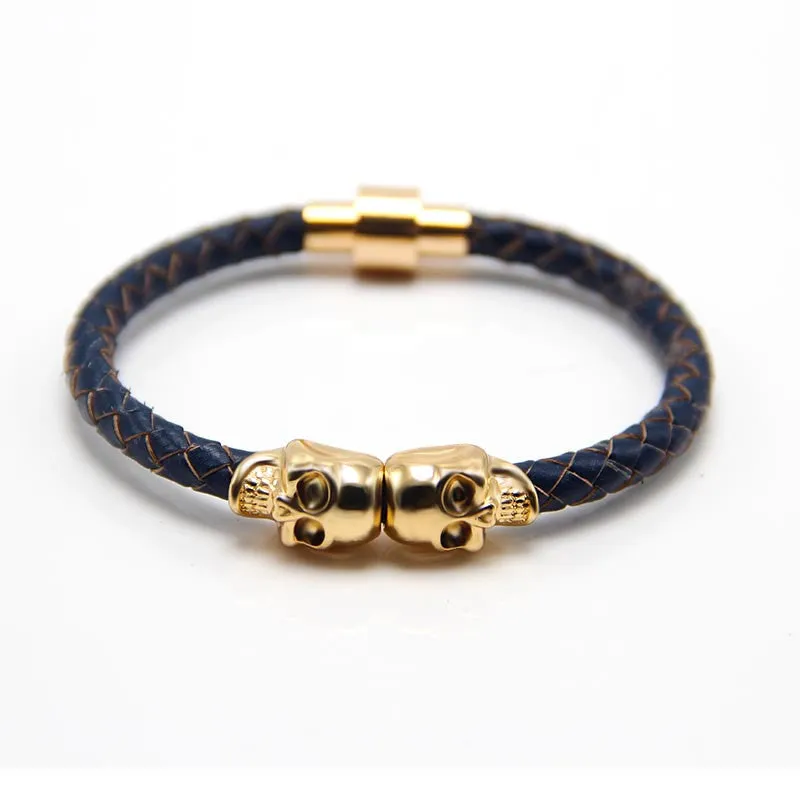 New Fashion Punk Genuine Skull Leather man Bracelet for Man Women in colors with twin skull design Men Bangles