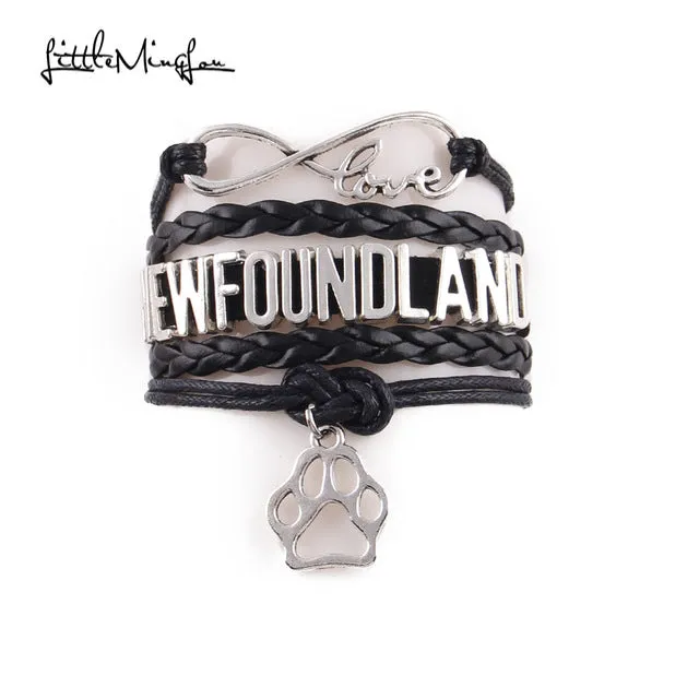 Newfoundland Bracelet, Infinity Love, Paw Charm, Leather Wrap, Bangles, 4 Variations