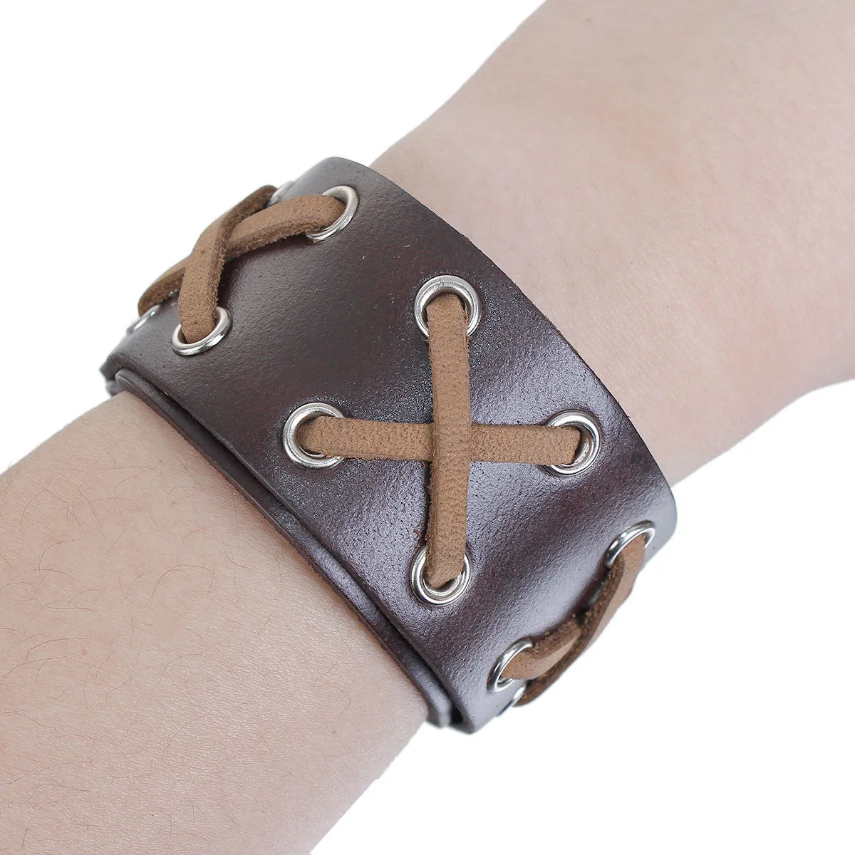 Set of 2 Mens Genuine Real Leather Wrist Bracelet Wide Casual Wristband Cuff Bangle Adjustable