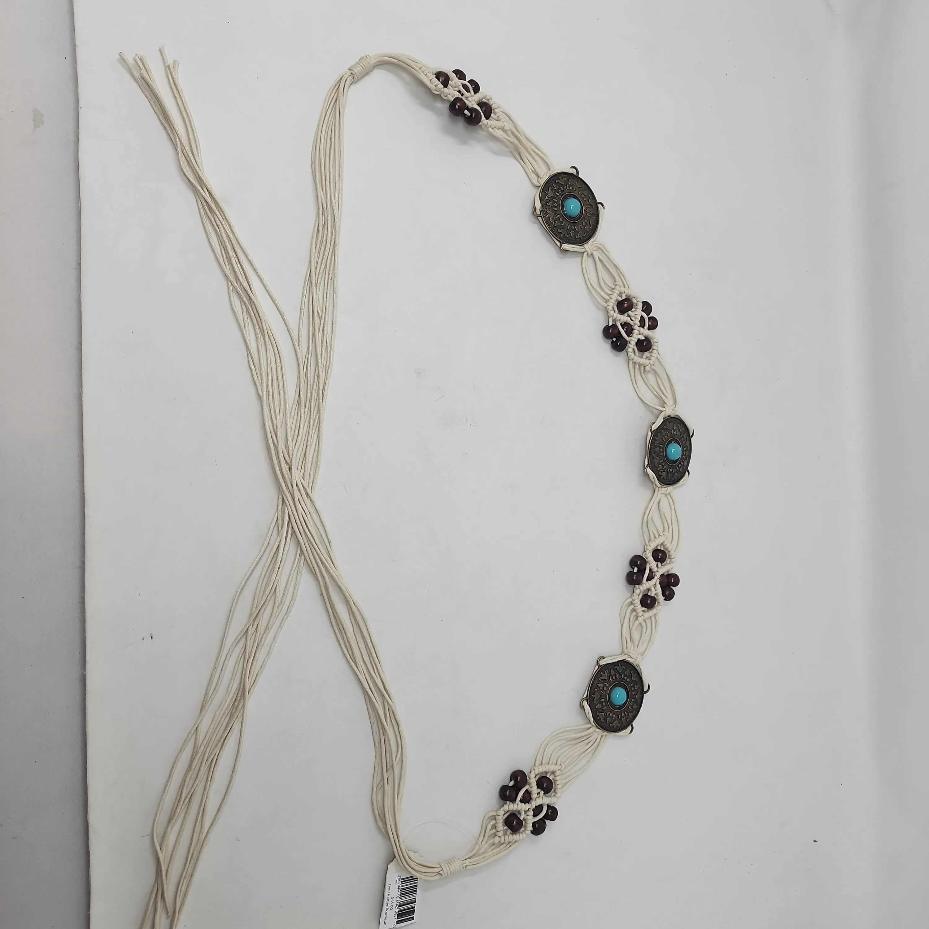 Turquoise medallion white macrame belt