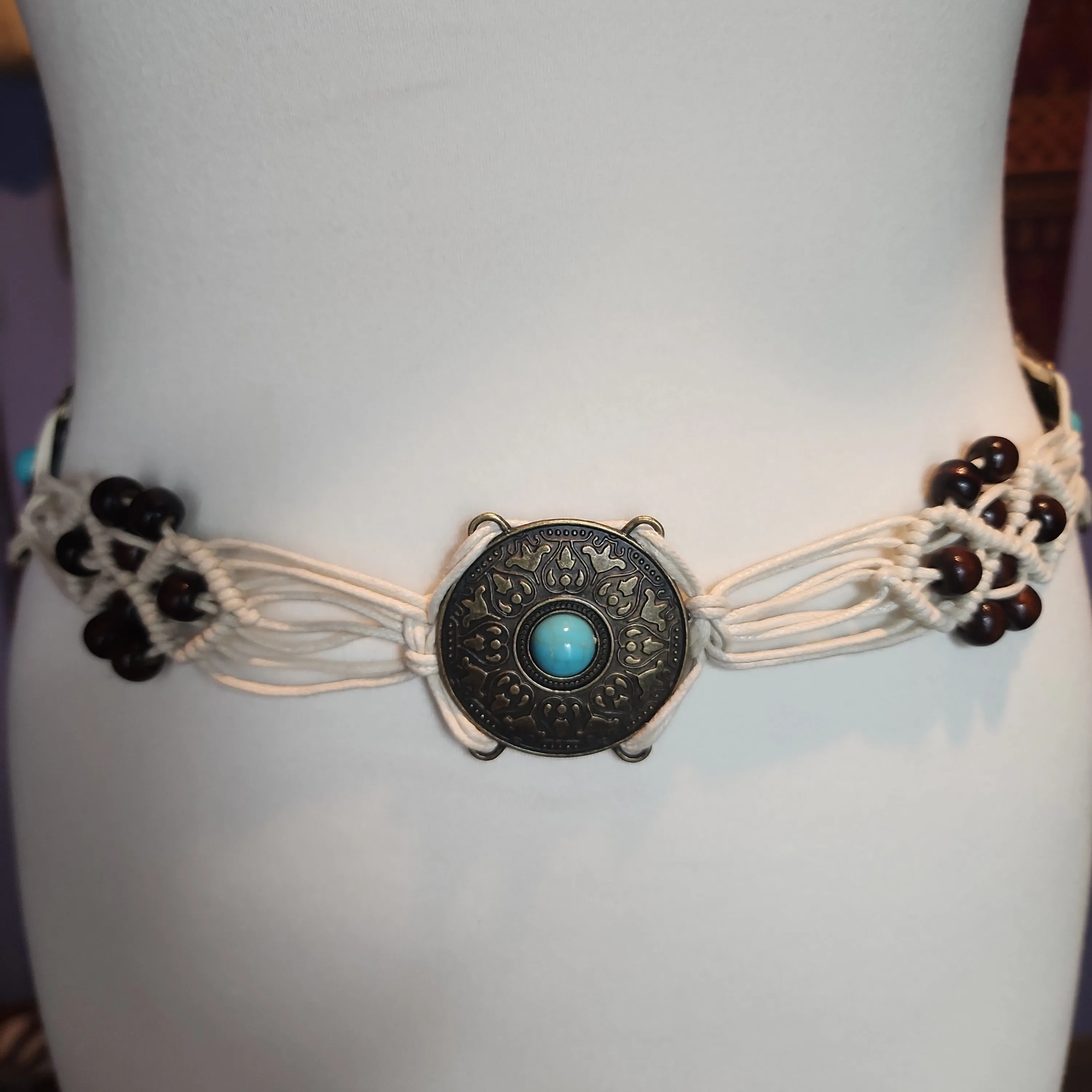 Turquoise medallion white macrame belt