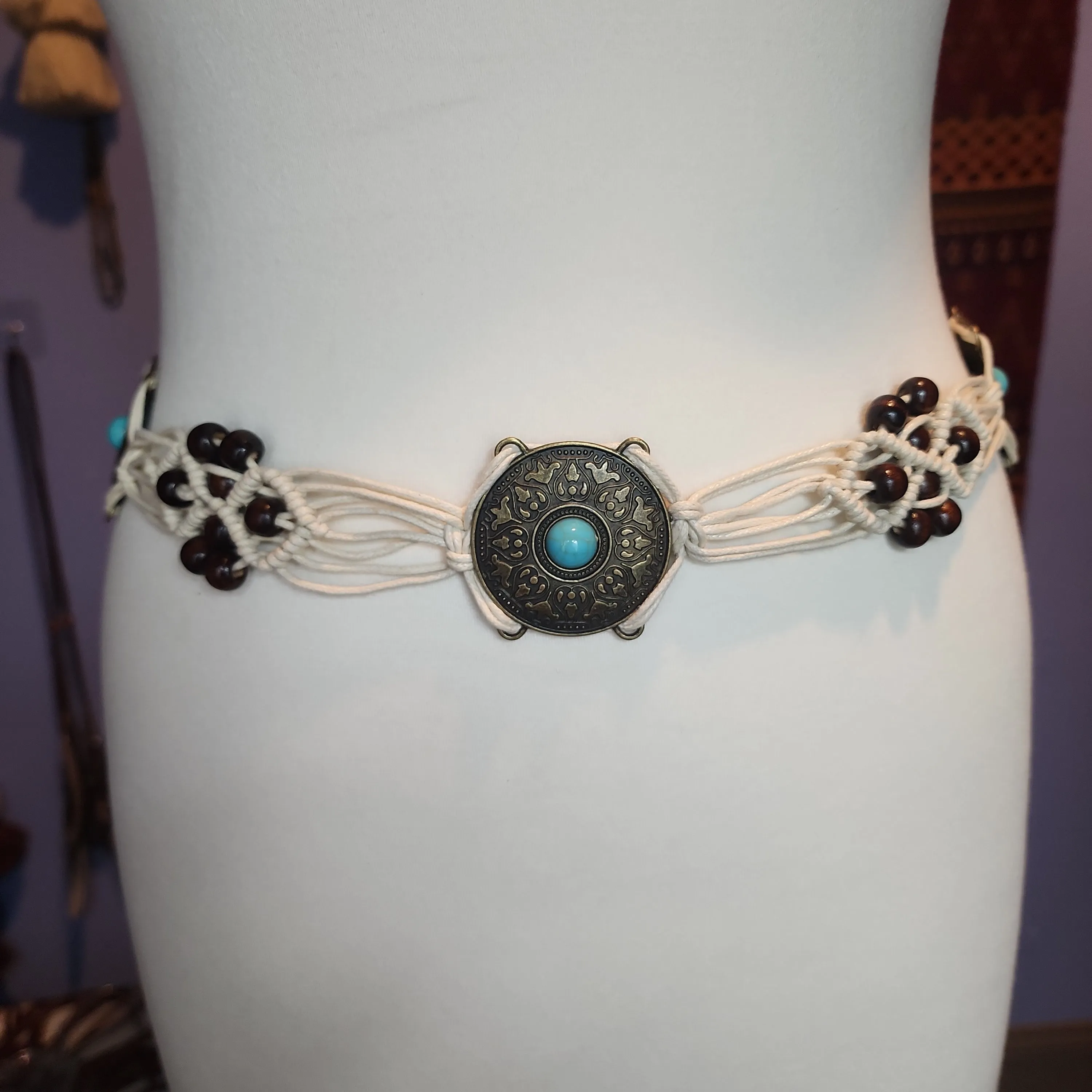 Turquoise medallion white macrame belt