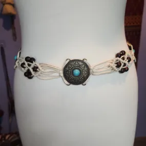 Turquoise medallion white macrame belt